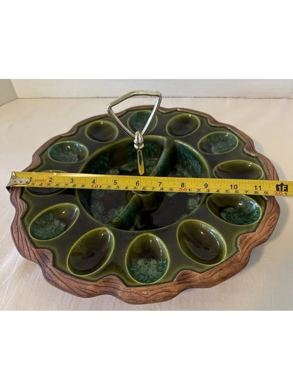 Treasure Craft Ceramic Deviled Egg Relish Tray Green Drip Faux Wood